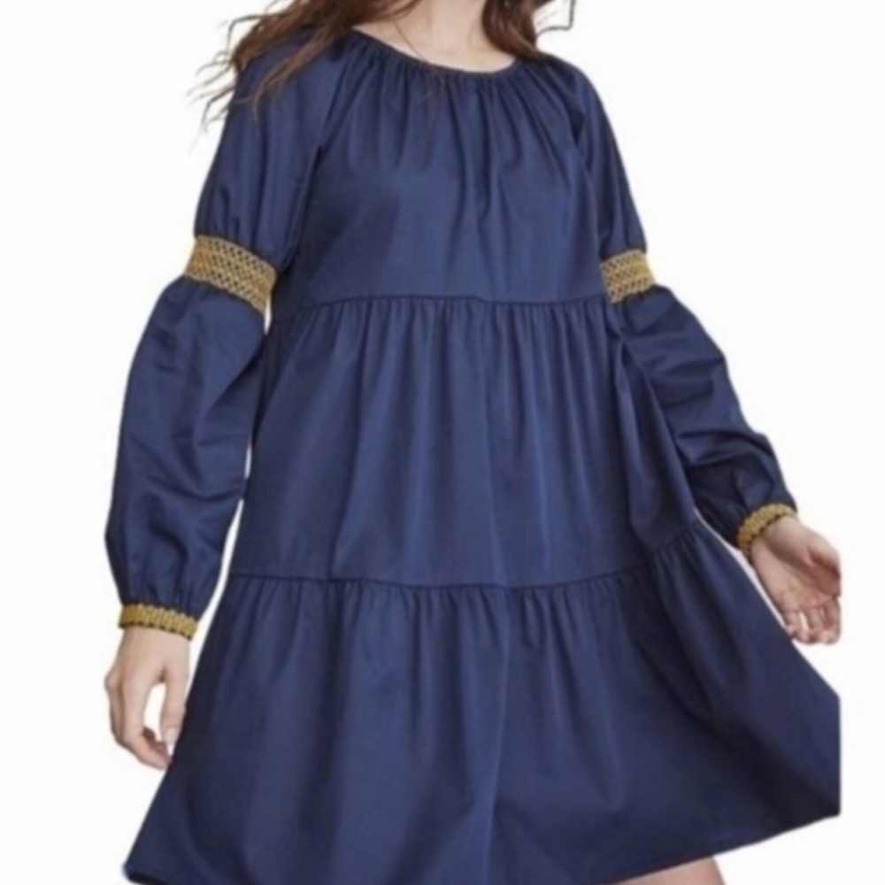 Elizabeth and James Mini Navy Long Sleeve Dress with Yellow Accents,Babydoll Sty